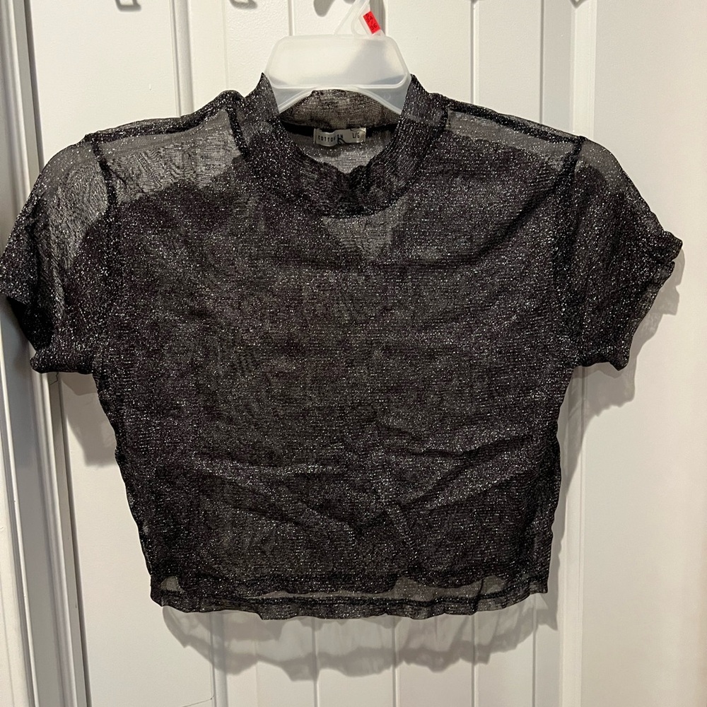💰 5/$20!! Cotton On Black silver glitter Sheer Crop top Blouse tshirt womens L